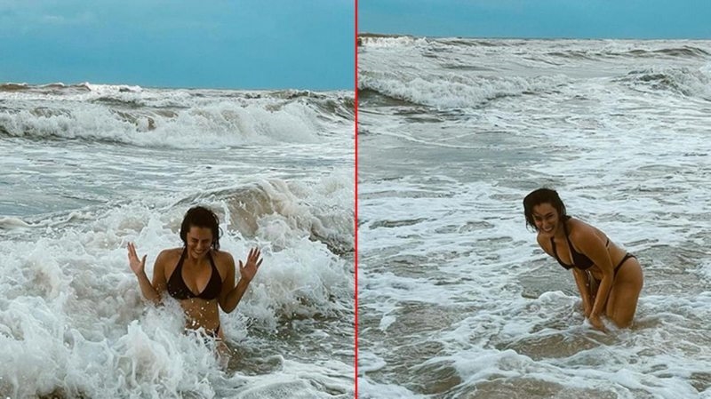 Hande Doğandemir`in dalgalarla imtihanı! Eğlenceli hallerine beğeni yağıyor