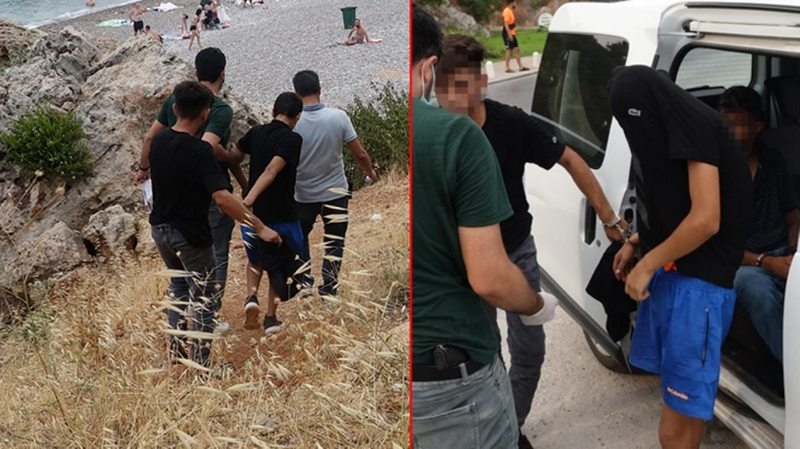 Plajda denize girenlerin eşyalarını çalan 4 kişi, falezlerdeki kayalıklarda saklanırken bulundu