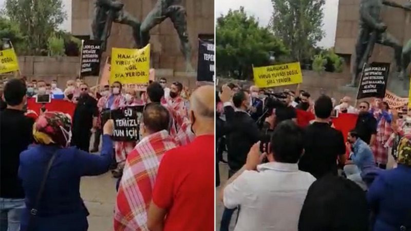 Tellaklar hamamların kapalı olmasını peştemallarıyla protesto etti